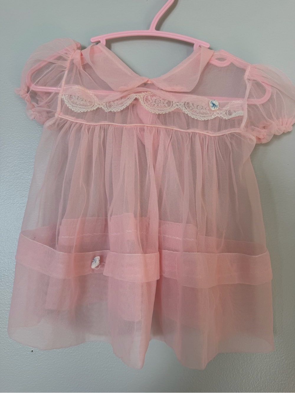 Vintage 80s Pink Sheer Lace Baby Girl Dress Top